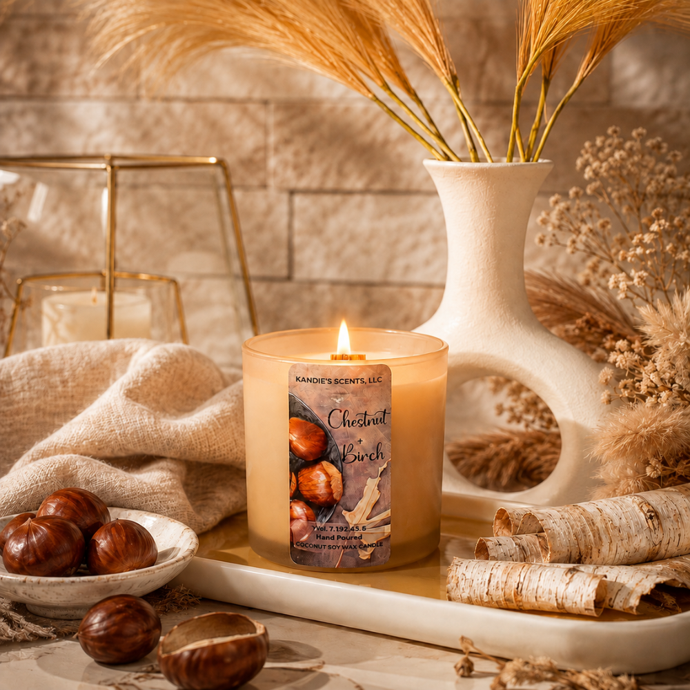 A lit candle in a clear glass jar sits on a tray in a styled autumn scene with dried grass in a white vase, a bowl of chestnuts, birch bark, and a beige linen cloth. The candle label reads 'Kandie's Scents' and 'Chestnut Birch'.
