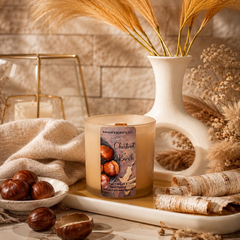A scented candle in a clear glass jar sits on a wooden tray in a styled home setting with chestnuts, birch bark, a white vase with dried grass, and a beige textile. The candle label reads 'Kandie's Scents'.