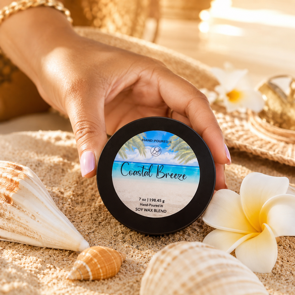 Hand holding a container labeled 'Coastal Breeze' surrounded by seashells and flowers on sand