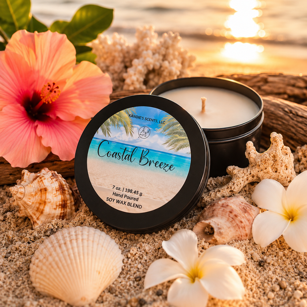 Candle labeled 'Coastal Breeze' surrounded by beach-themed decor including flowers and shells.