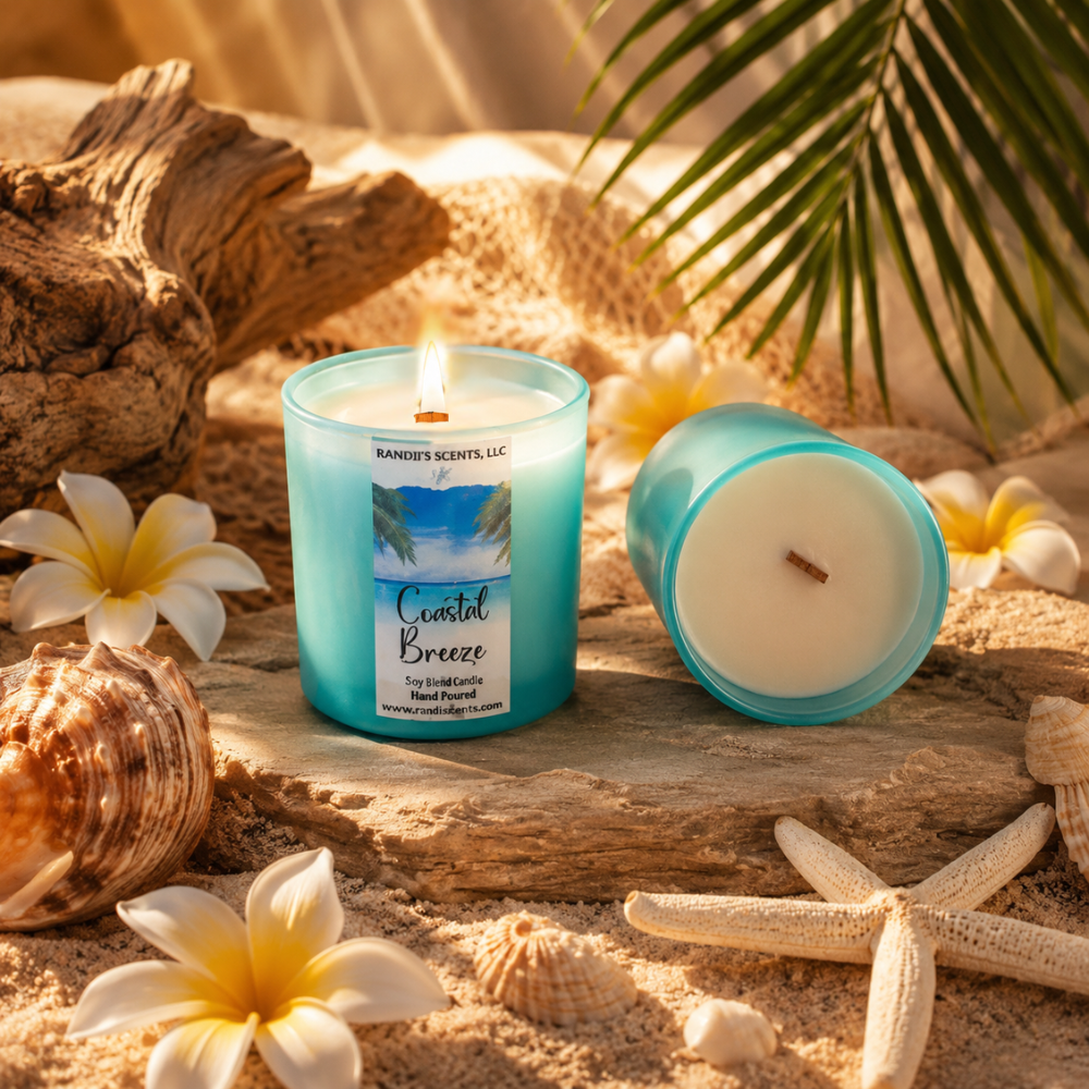 Two candles with blue and white design on a sandy surface with flowers and shells.
