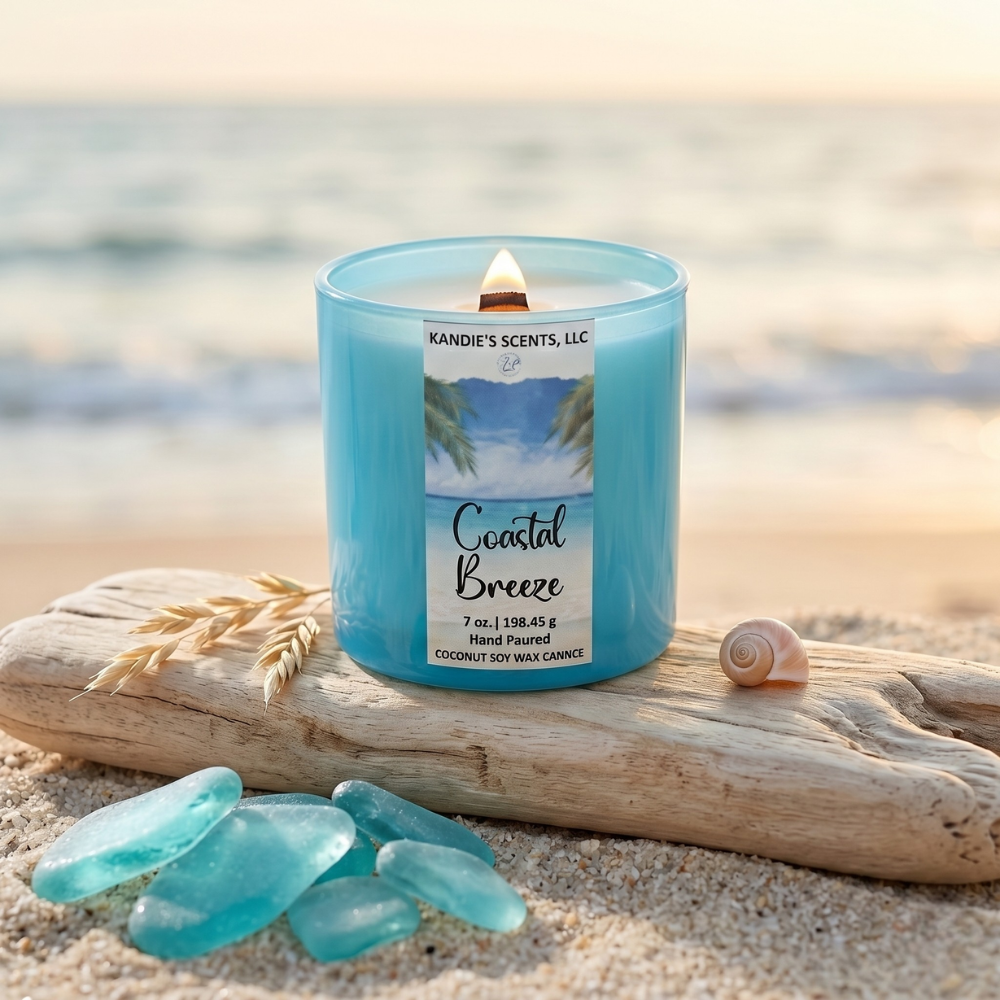 Blue candle labeled 'Coastal Breeze' on a beach with ocean in the background