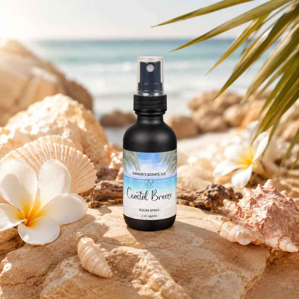 Room spray bottle labeled 'Coastal Breeze' on a beach setting with shells and flowers.