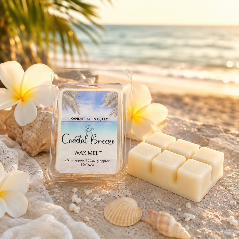 Kandie's Scents Coastal Breeze wax melt on sand with flowers and shells
