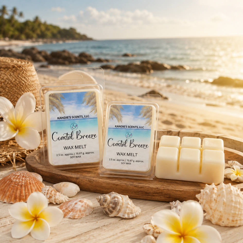 Kandie's Scents Coastal Breeze wax melts on a beach setting with flowers and shells.