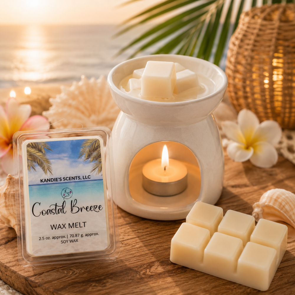 Wax melt burner with coastal-themed wax melts on a wooden surface.