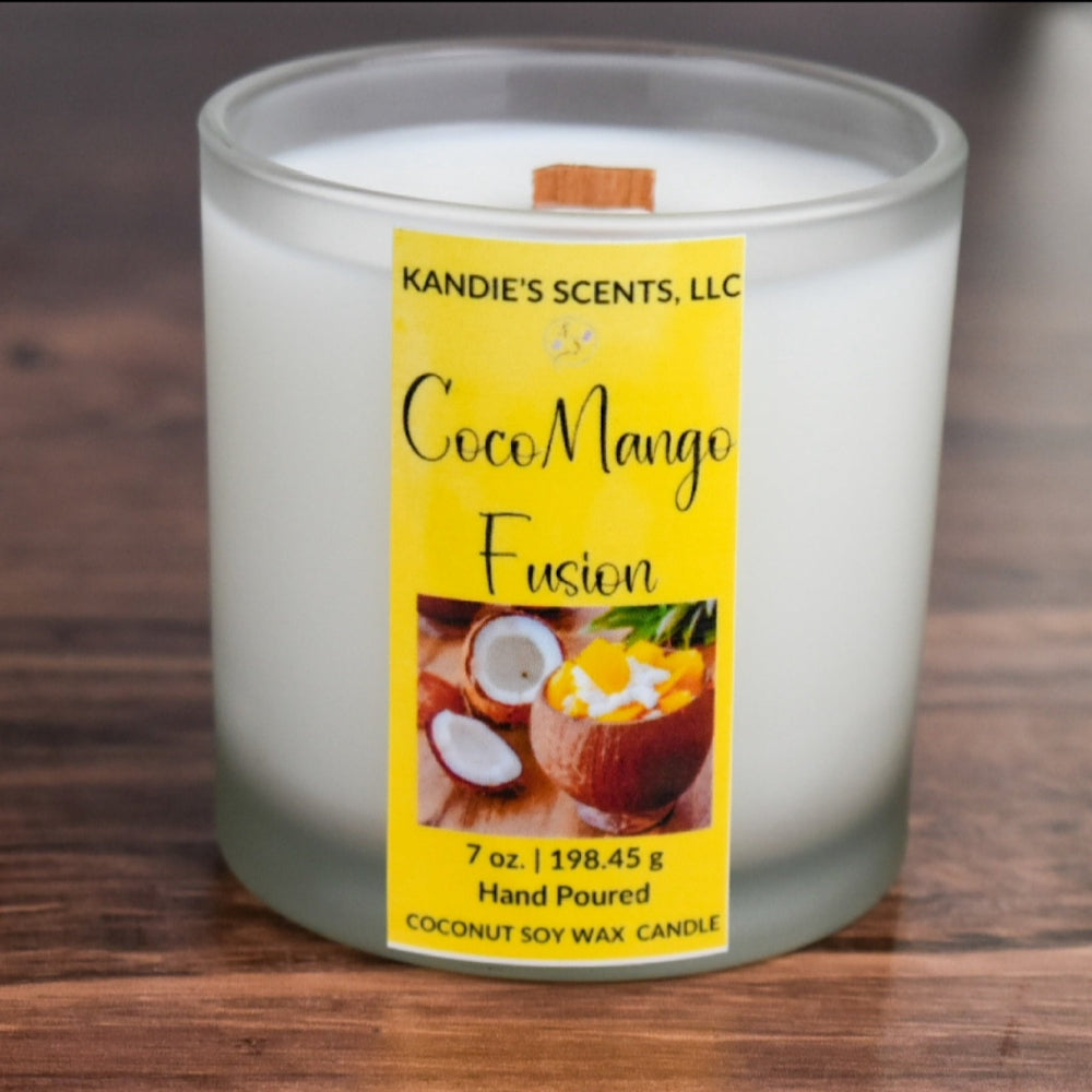 CocoMango Fusion candle in frosted glass jar with wooden wick