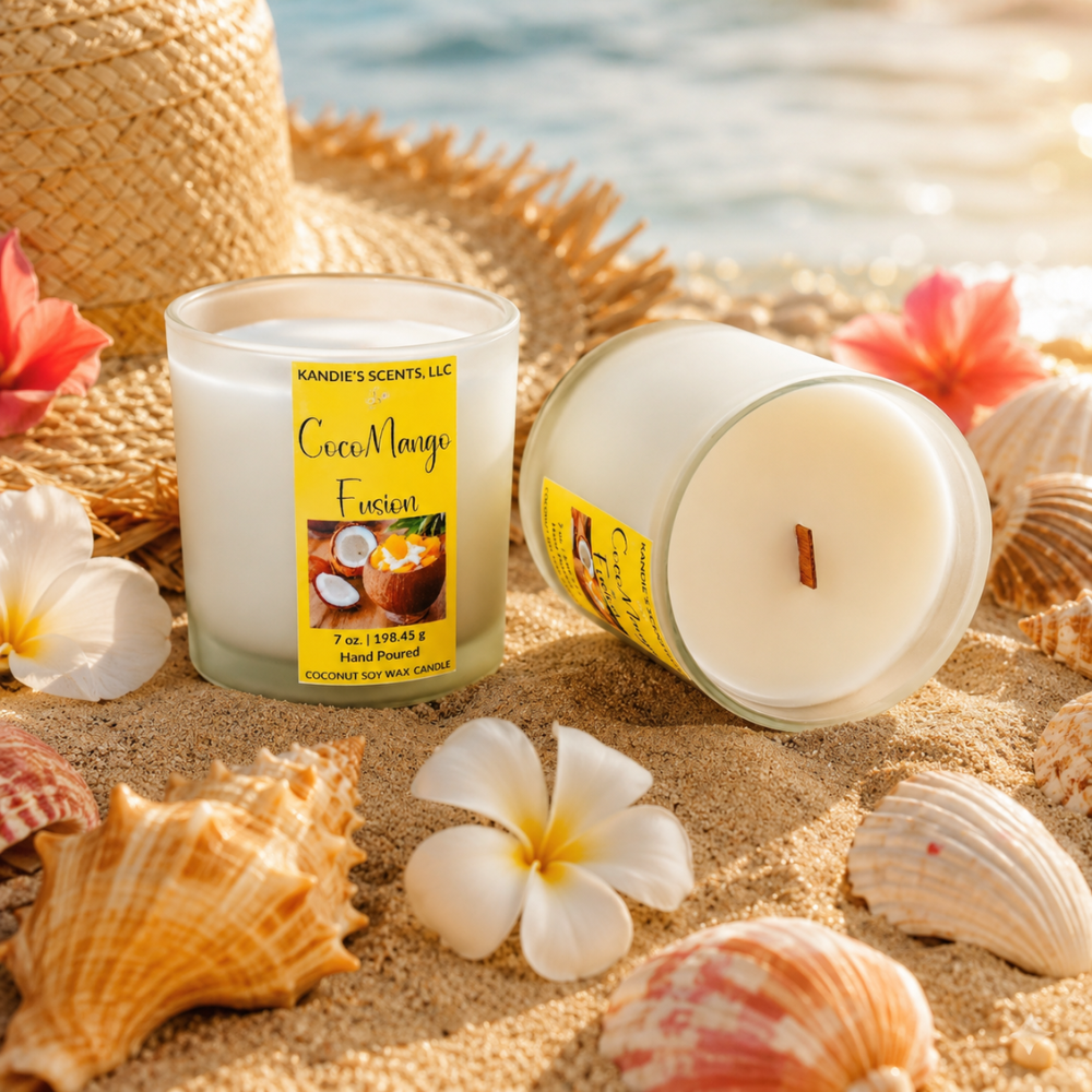 Two candles labeled 'CocoMango Fusion' on sand with flowers and shells, beach in the background