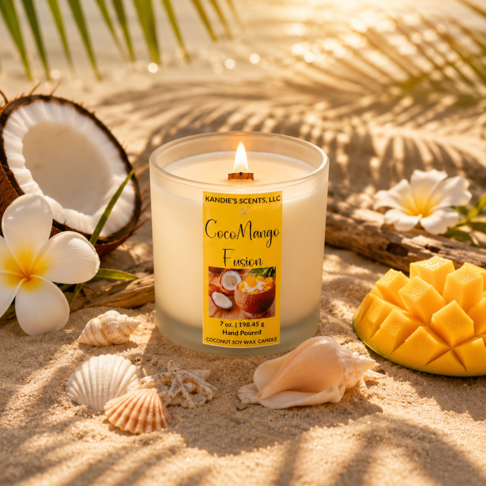 Candle labeled 'CocoMango Fusion' surrounded by tropical elements like mango, coconut, and shells on sand.