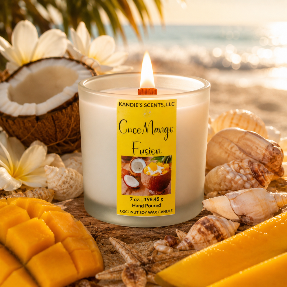 Candle labeled 'CocoMango Fusion' surrounded by coconut, mango, and shells on a beach setting.