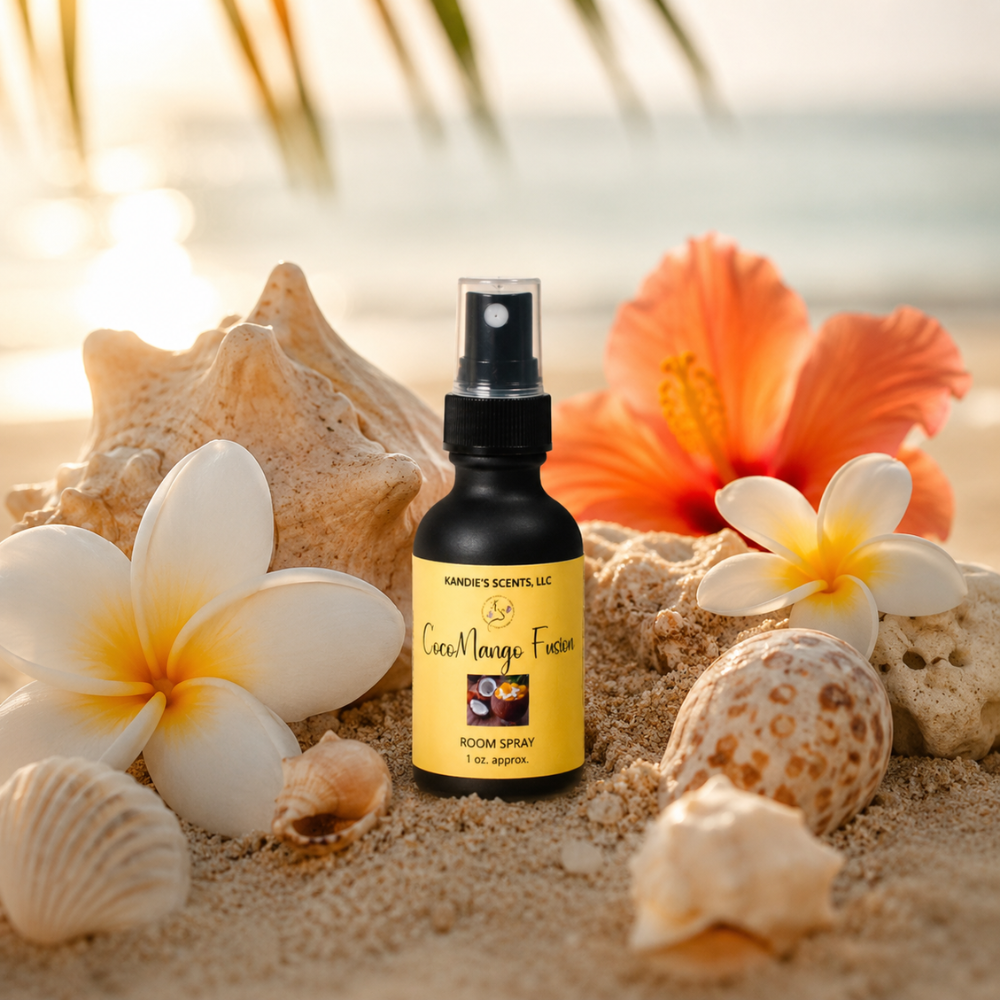 Room spray bottle with a yellow label on sand with flowers and shells