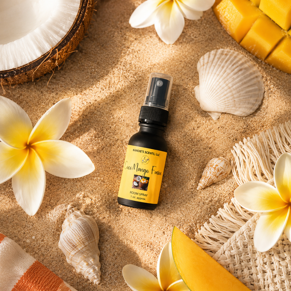 Bottle of 'CocoMango Fusion' room spray on sand with flowers, shells, and a mango slice.