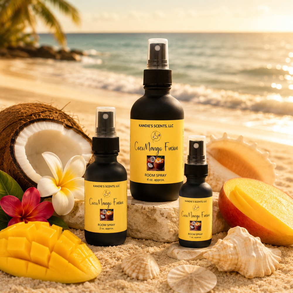 Room spray bottles with mango and coconut elements on a beach setting