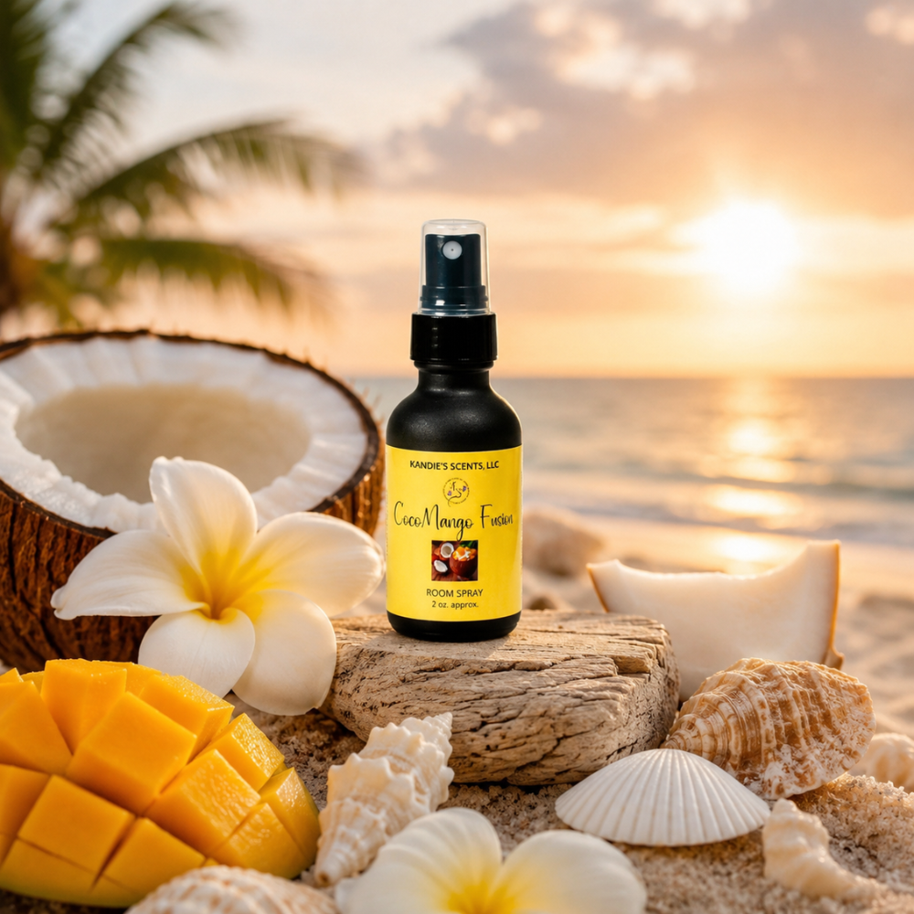 Room spray bottle with a yellow label on a beach setting with coconut, mango, and flowers.