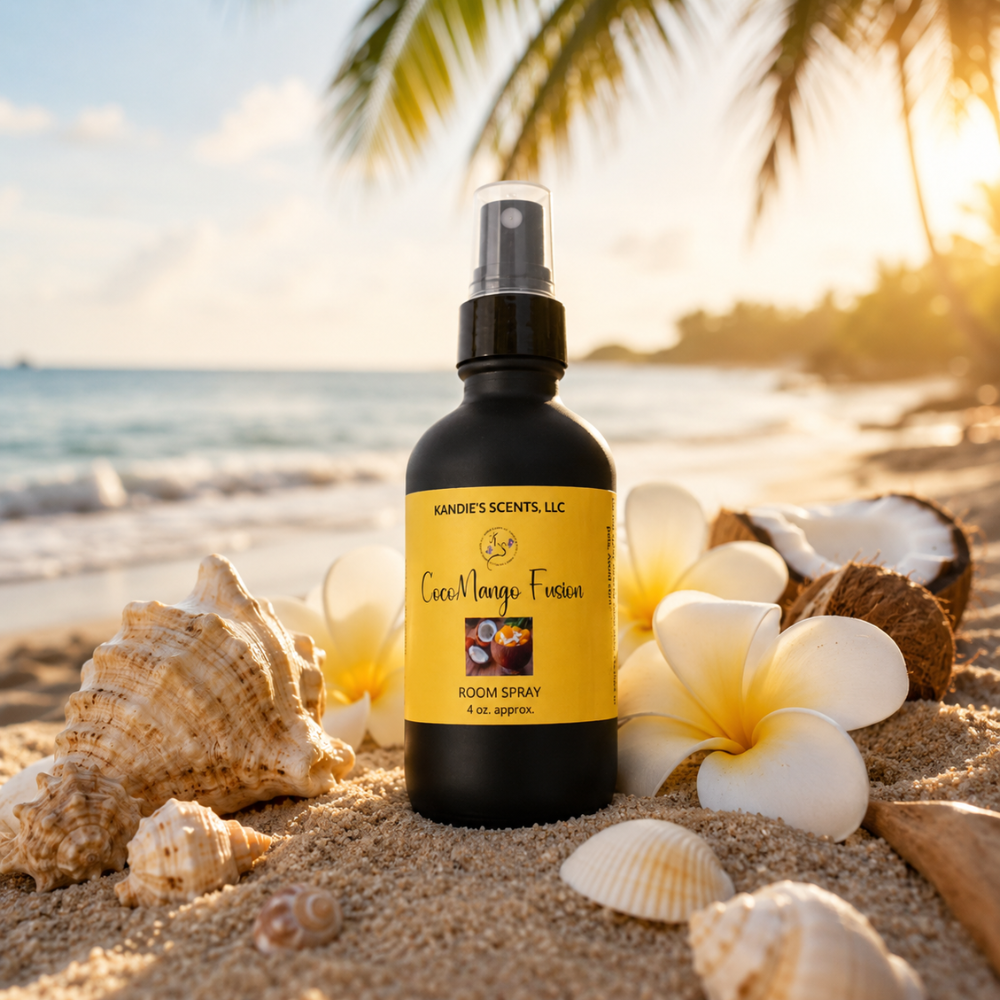 Room spray bottle on a sandy beach with flowers and shells