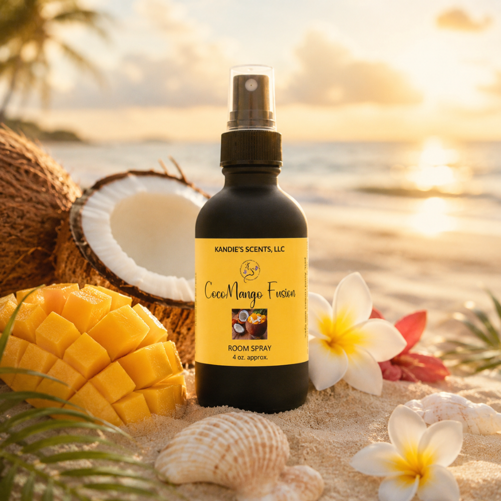 Room spray bottle with a yellow label on a beach setting with coconuts, mango, and flowers.
