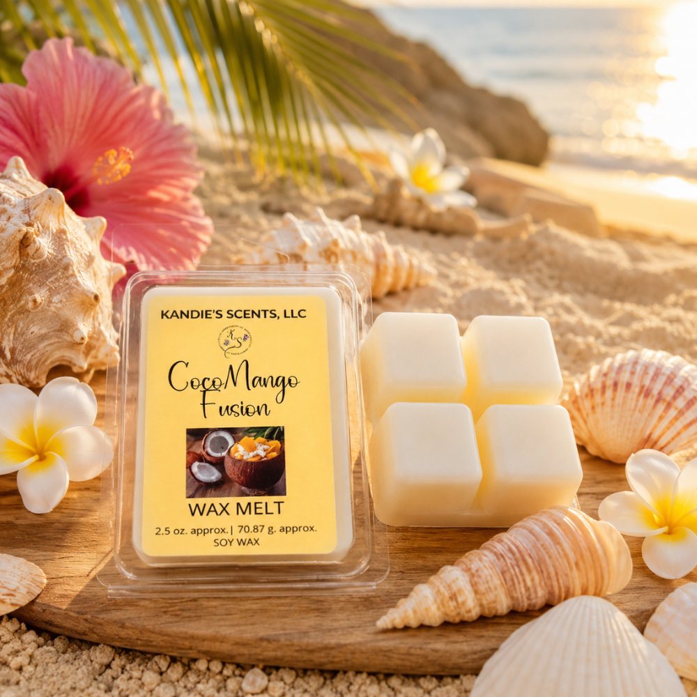 Candle wax melt packaging with 'CocoMango Fusion' on a beach setting with shells and flowers.