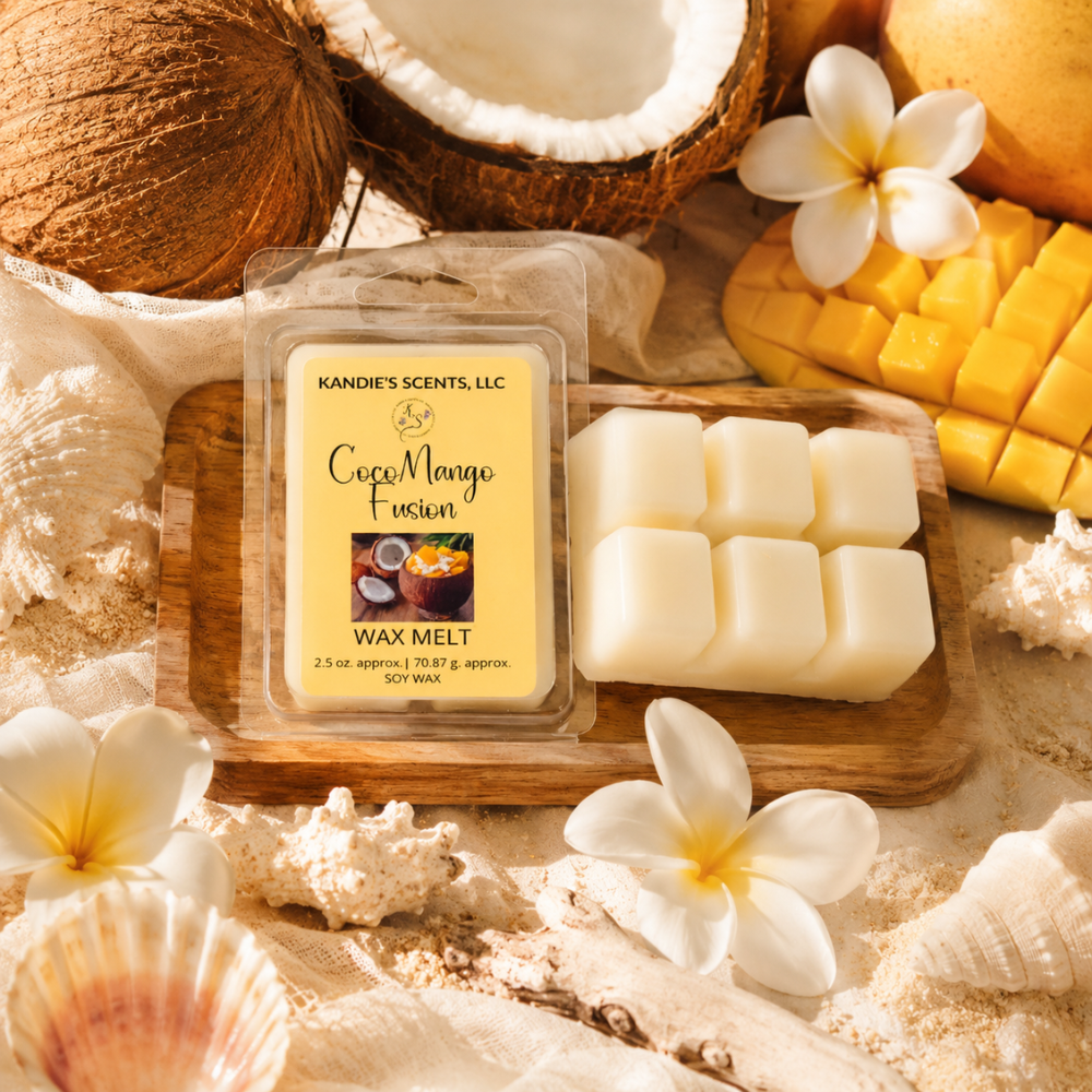 Candle wax melt packaging with coconut, mango, and shell elements on a sandy background.