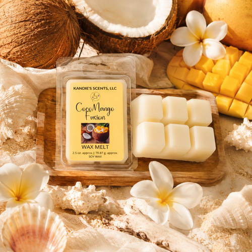 Candle wax melt packaging with coconut, mango, and shell elements on a sandy background.