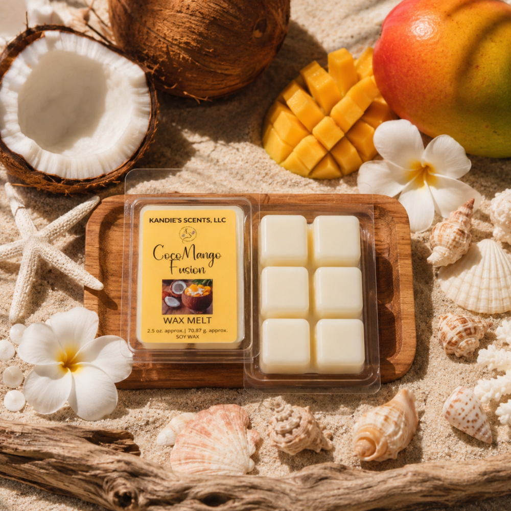 Cape Mango Fusion wax melts packaging on a beach-themed background with coconuts, mangoes, and seashells.