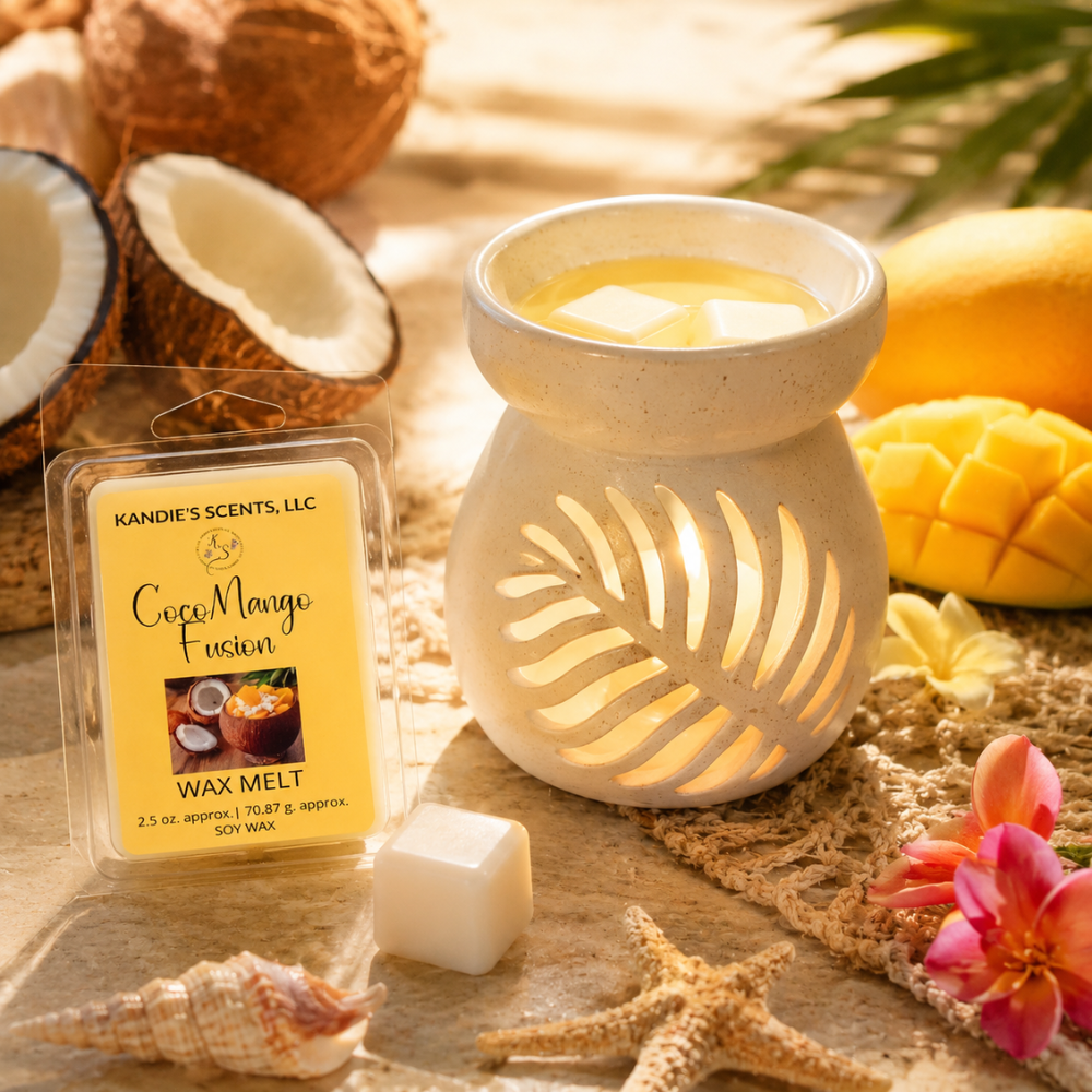 Wax melt packaging with a lit wax warmer and tropical elements on a wooden surface.
