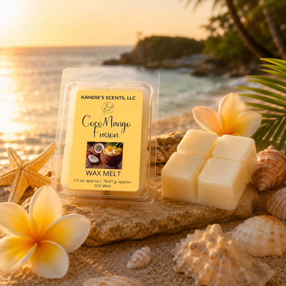 Kandie's Scents CocoMango Fusion wax melt packaging on a beach with flowers and shells.