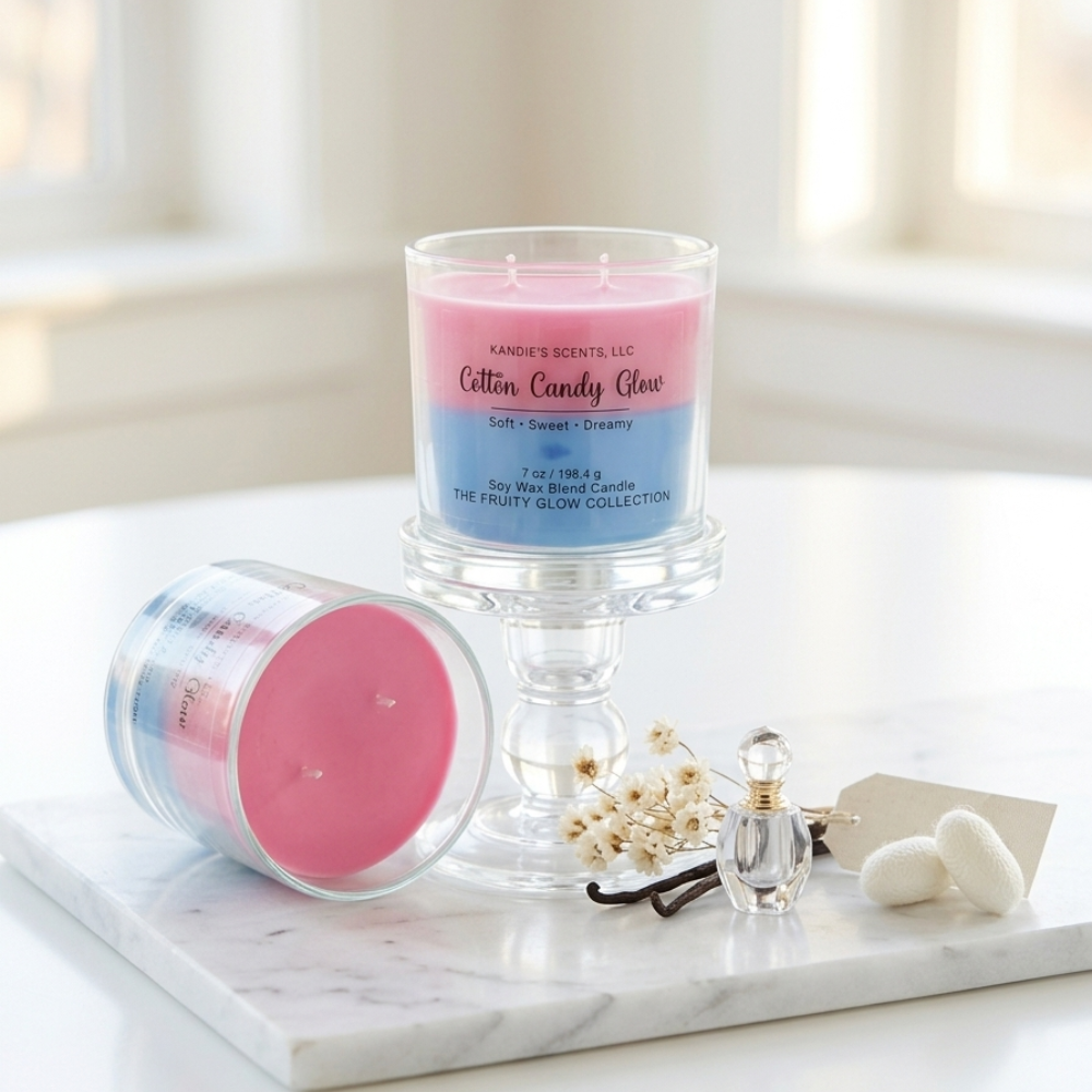 Two candles with a pink and blue label on a marble surface.