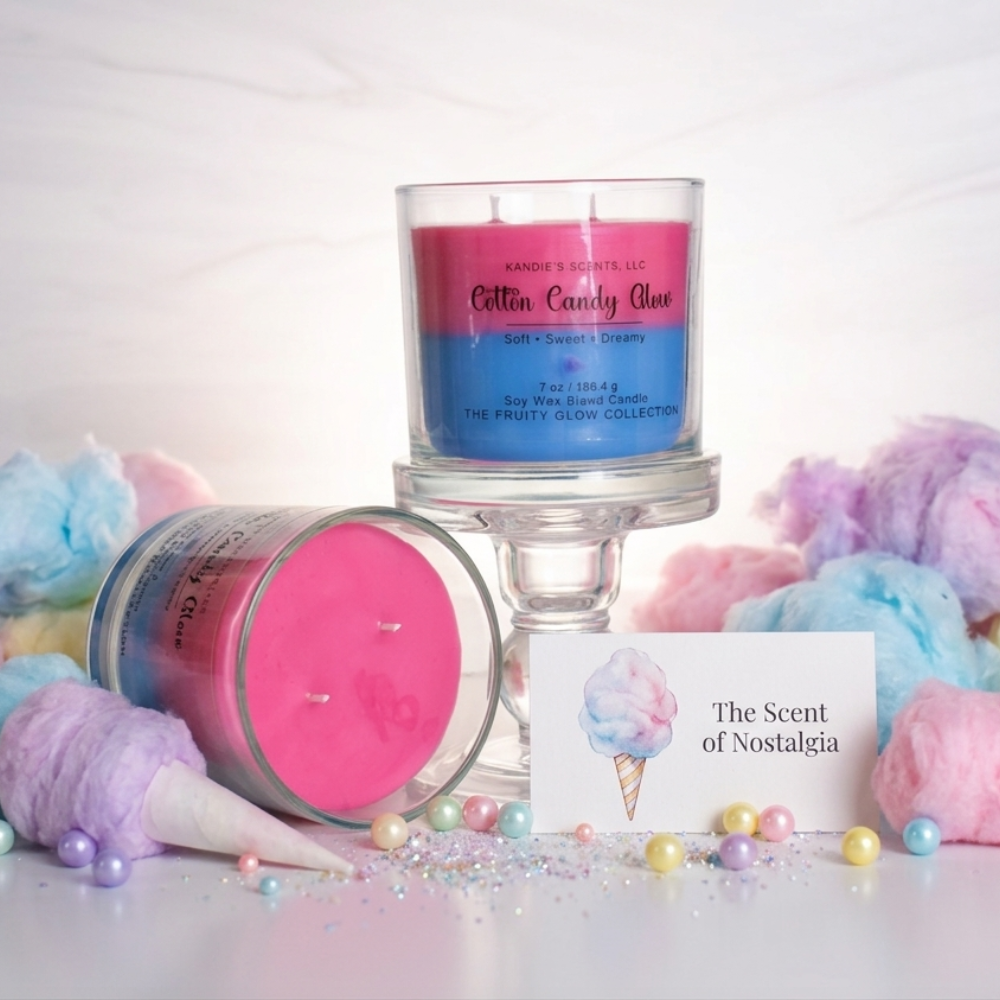 Cotton candy-themed candles with decorative elements on a white background