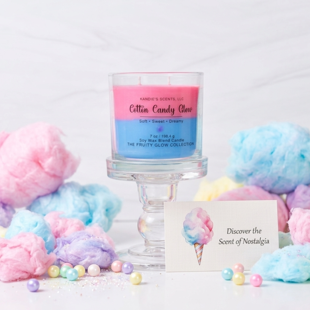 Candle with cotton candy design and text on a light background