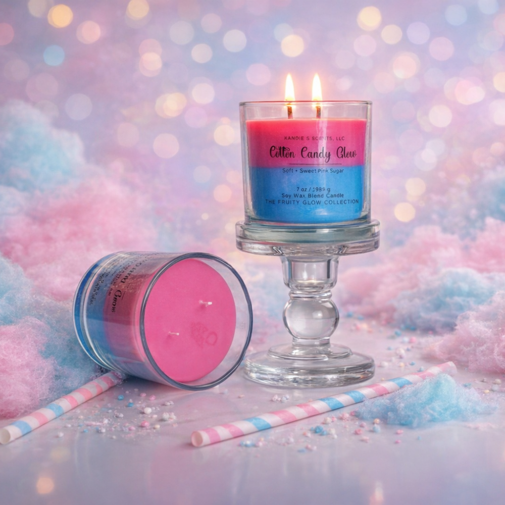 Two cotton candy-themed candles with a colorful, blurred background