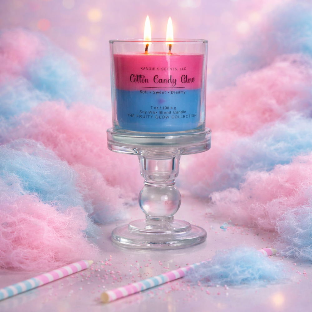 Candle in a glass holder with cotton candy-themed packaging on a fluffy pink and blue background.