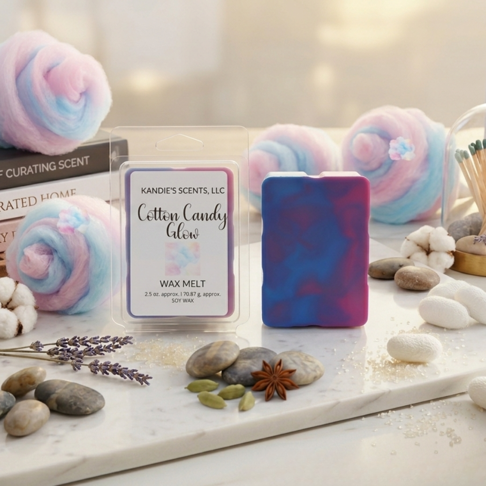 Wax melt with packaging labeled 'Cotton Candy Glow' on a decorative surface with bath bombs and stones.