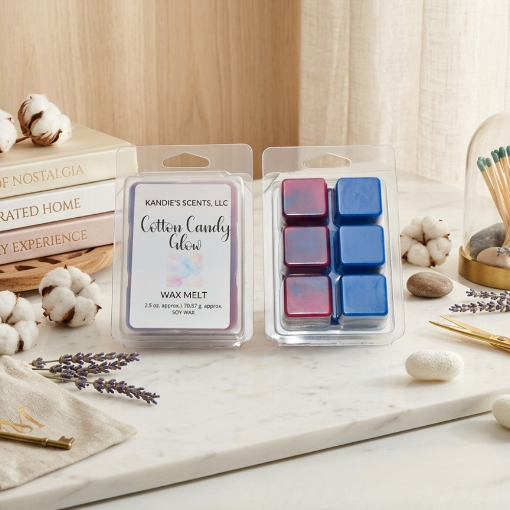 Kandie's Scents wax melts packaging on a decorative surface with cotton and lavender.