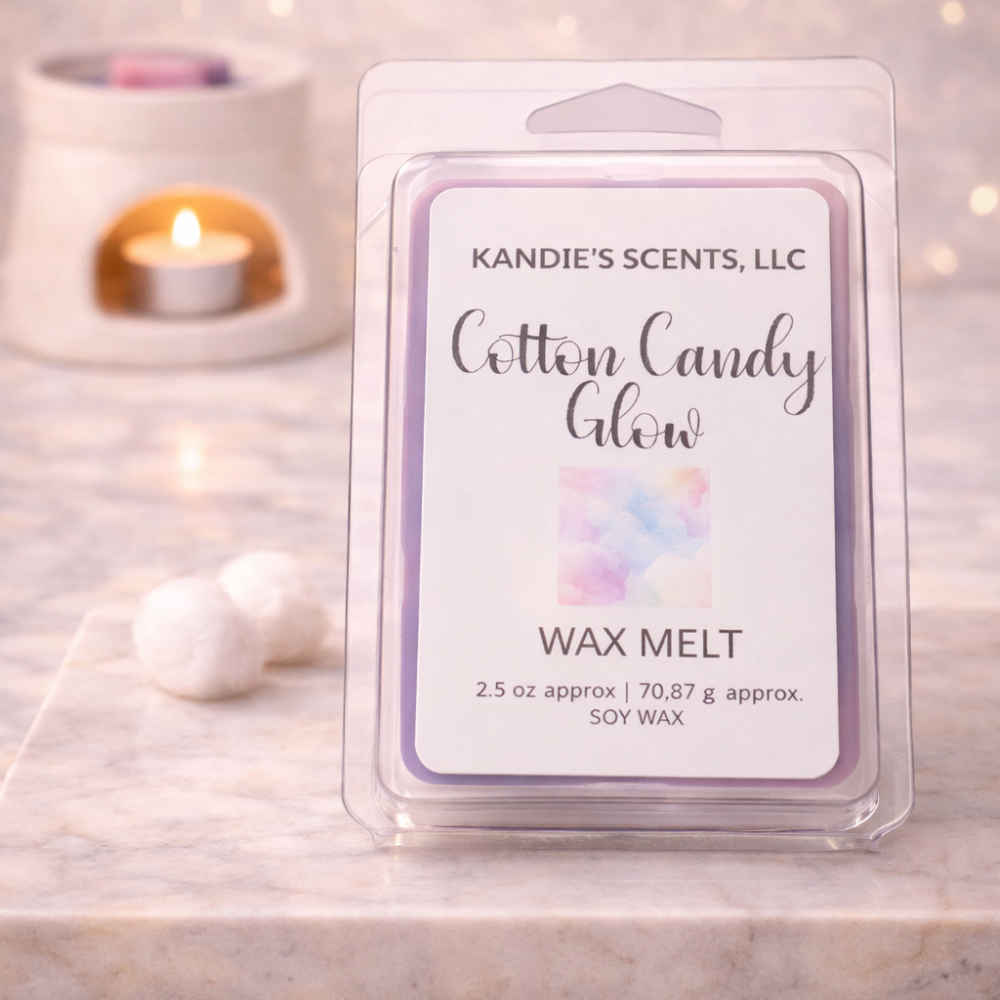 Kandie's Scents wax melt package with a candle in the background