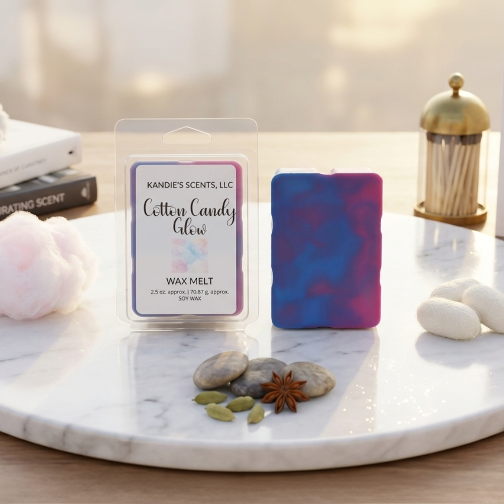 Wax melt packaging with a colorful wax melt on a marble surface.