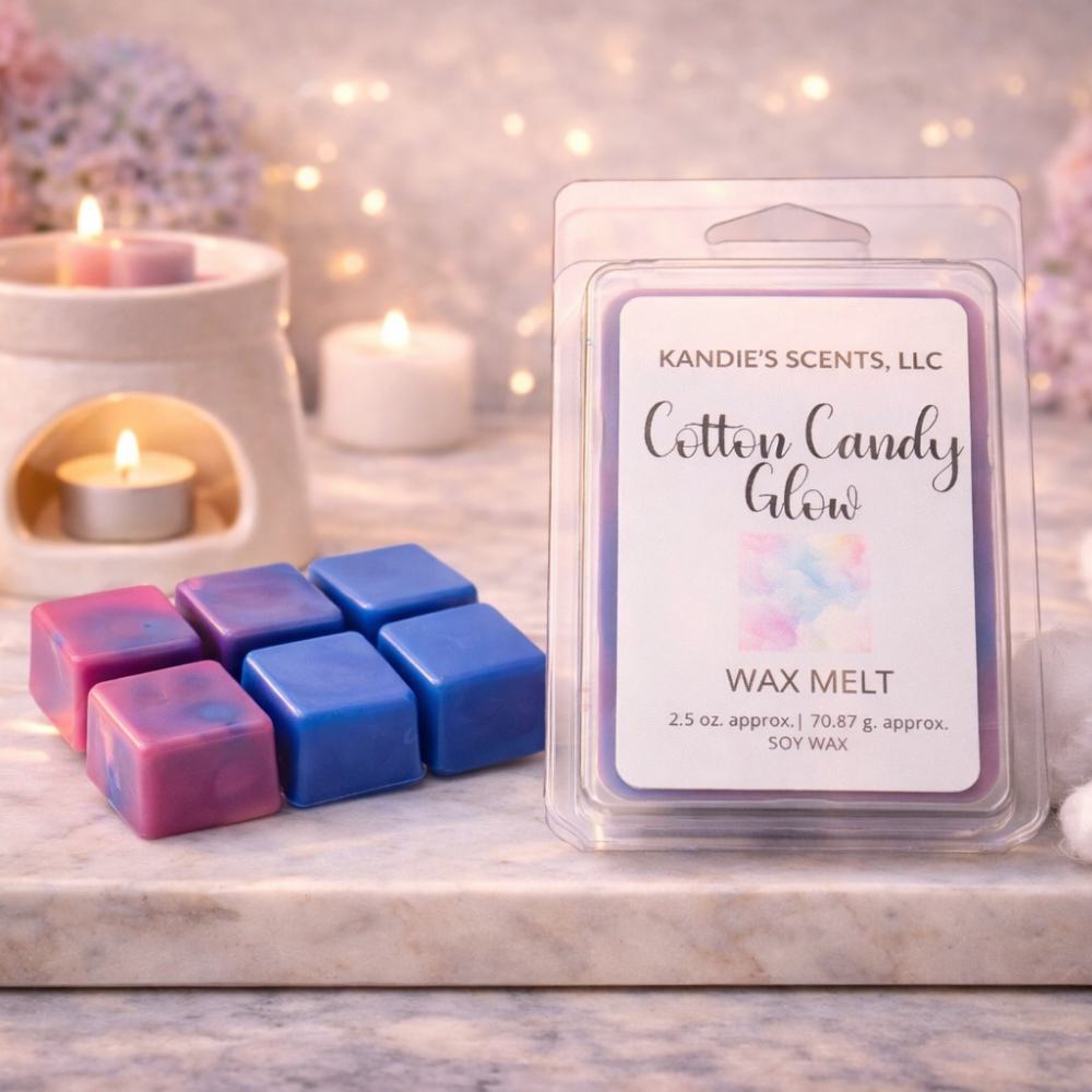 Kandie's Scents Cotton Candy Glow wax melts with packaging on a decorative surface.