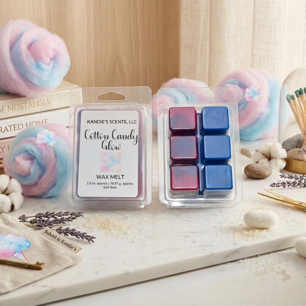 Wax melts in packaging with 'Cotton Candy Glow' label on a decorative surface.