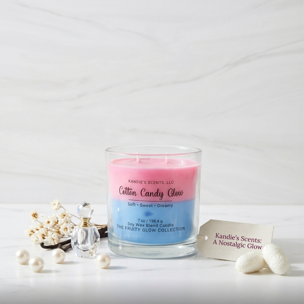 Candle with pink top and blue label on a white surface, surrounded by decorative items.