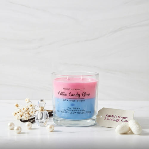 Candle with pink top and blue label on a white surface, surrounded by decorative items.