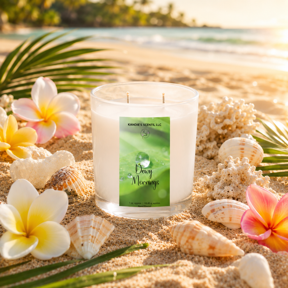 Candle with a 'Dewy Mornings' label on a sandy beach with flowers and shells.