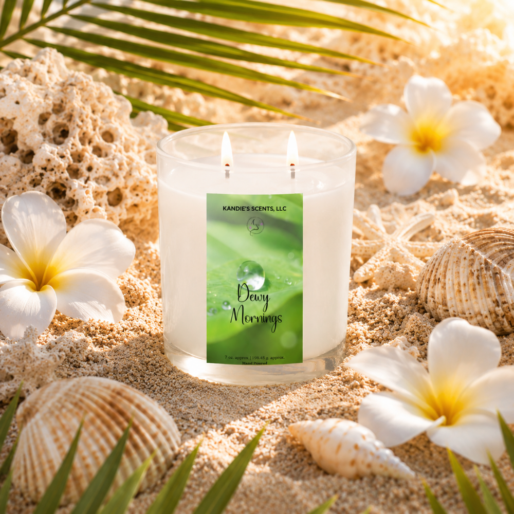 Candle with a 'Dewy Mornings' label on sand with flowers and shells