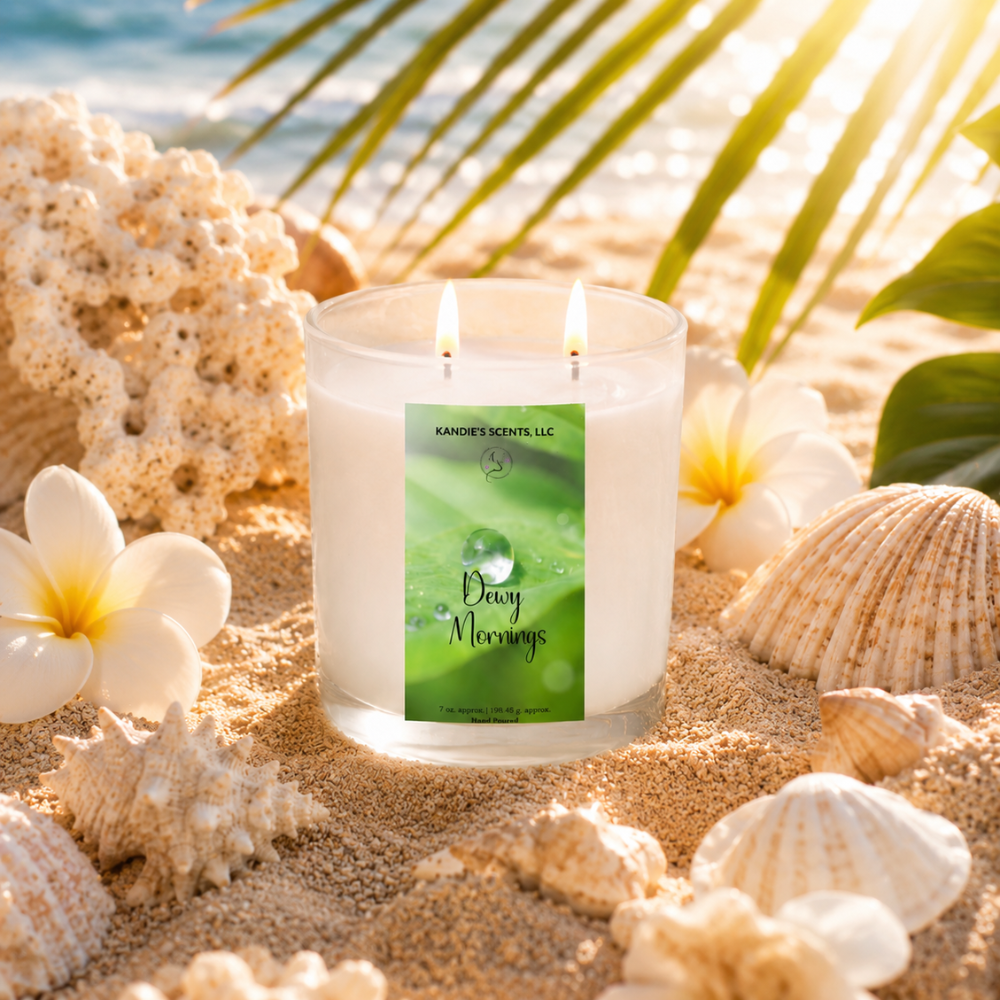 Candle with a 'Dewy Mornings' label on a sandy beach with shells and flowers.