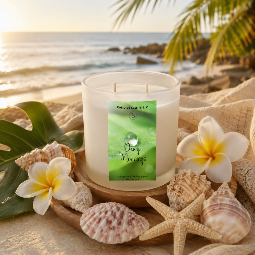 Candle labeled 'Dewy Mornings' on a beach setting with shells, flowers, and palm leaves.