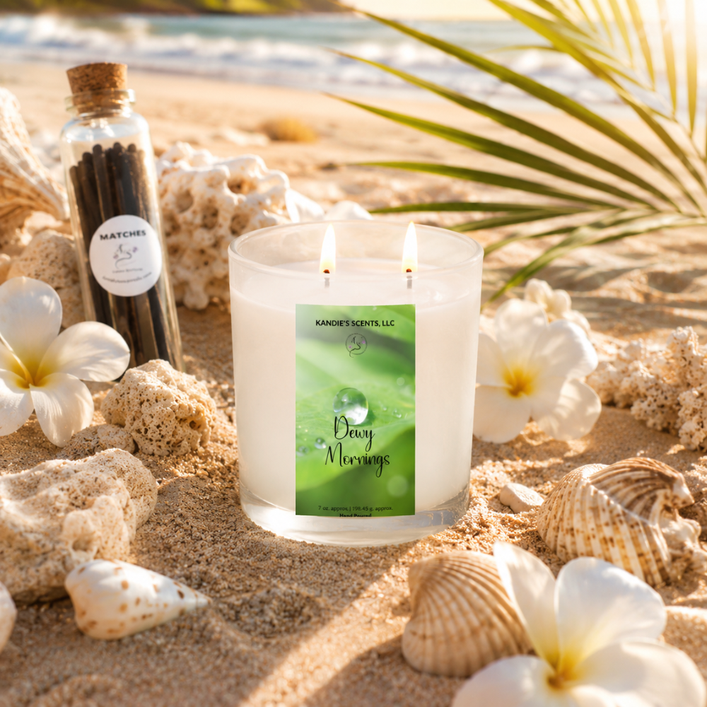 Candle with a 'Dewy Mornings' label on sand with flowers and shells