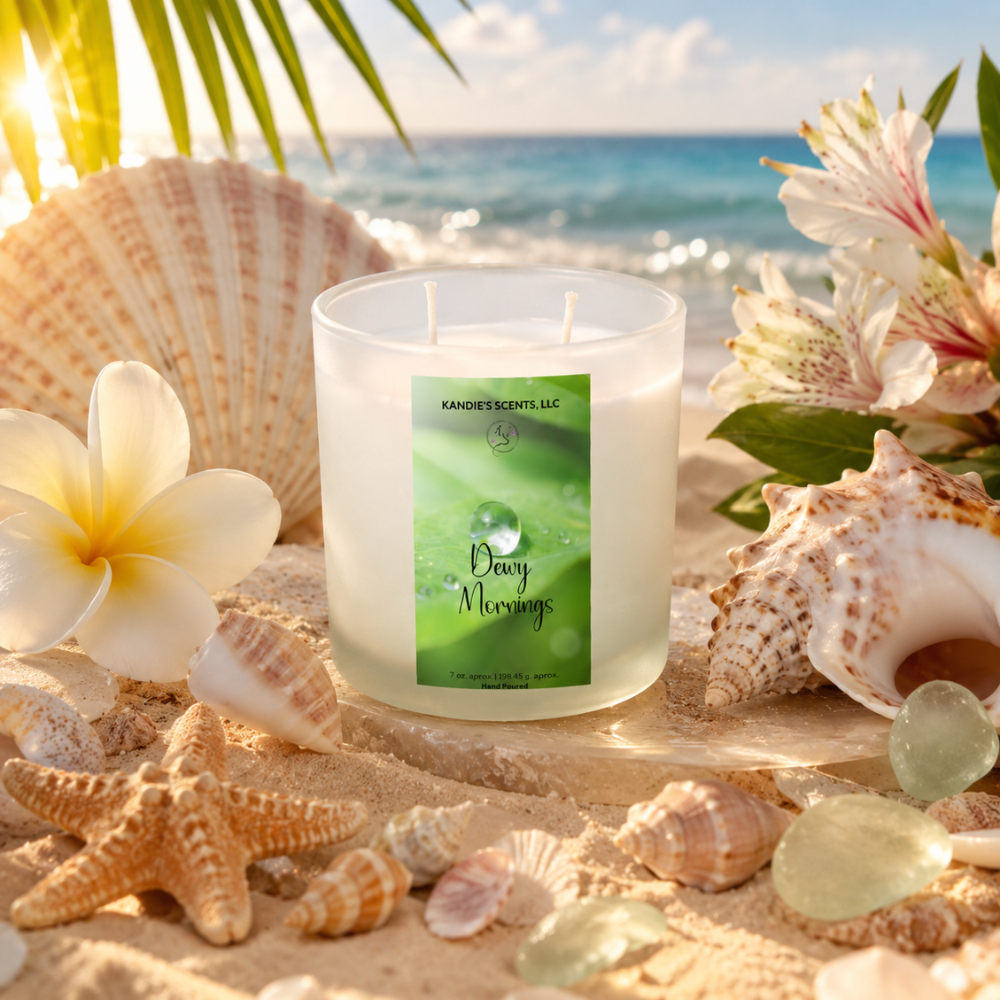 Candle with a beach-themed packaging on sand with flowers and shells