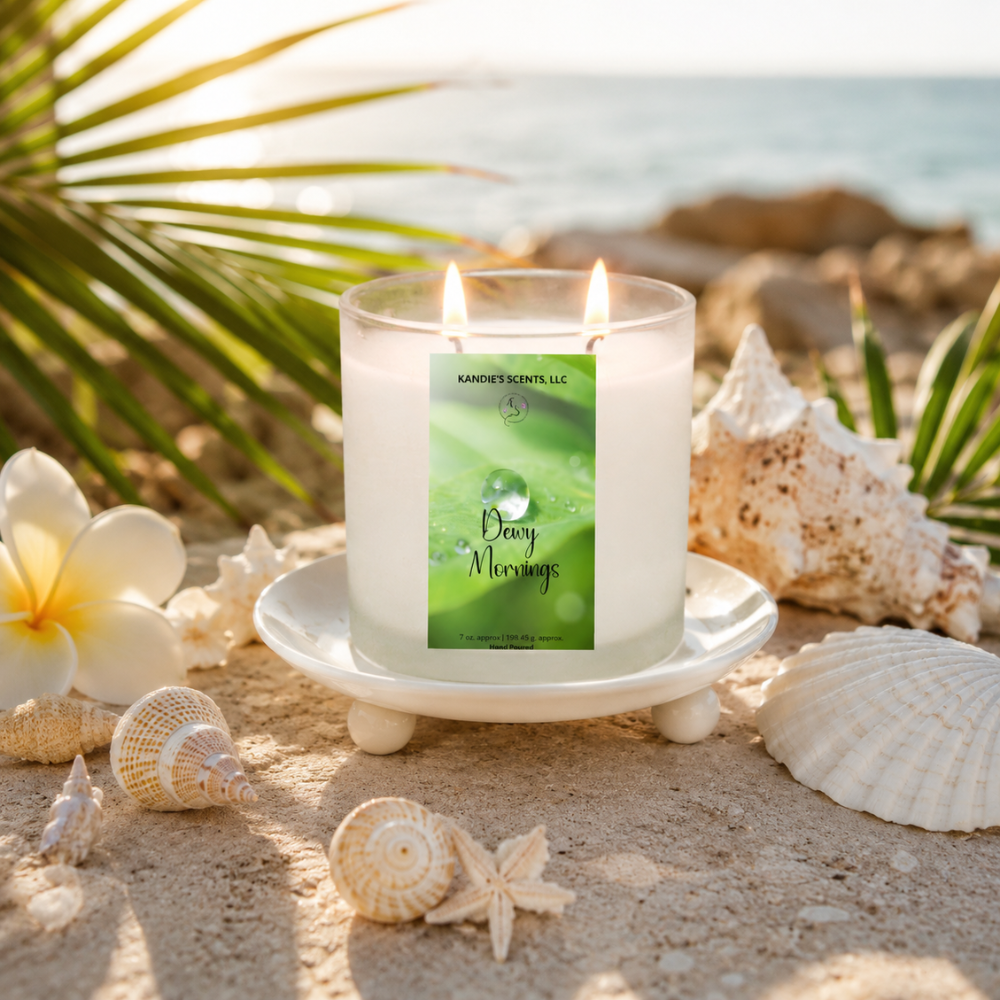 Candle labeled 'Dewy Mornings' on a sandy beach with shells and palm leaves.
