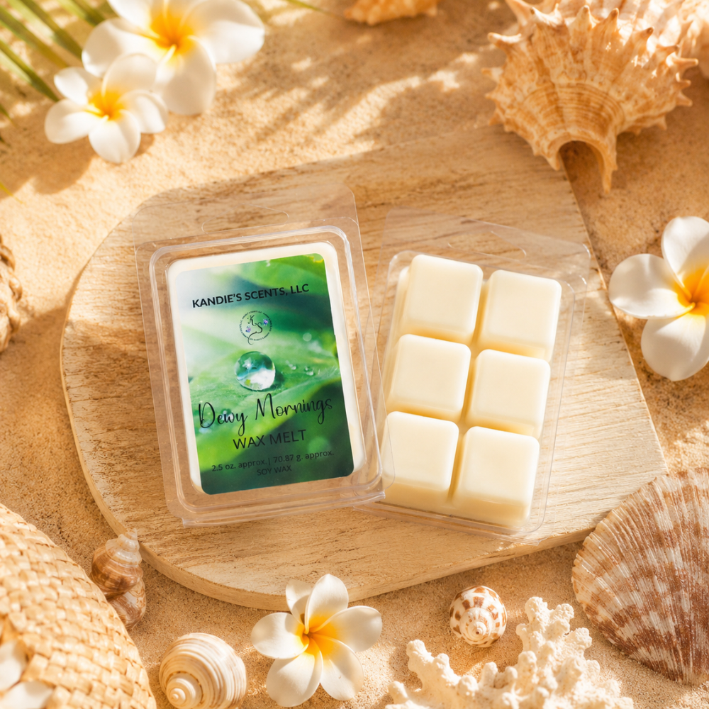 Wax melts in a clear packaging with a label on a wooden surface surrounded by flowers and shells.