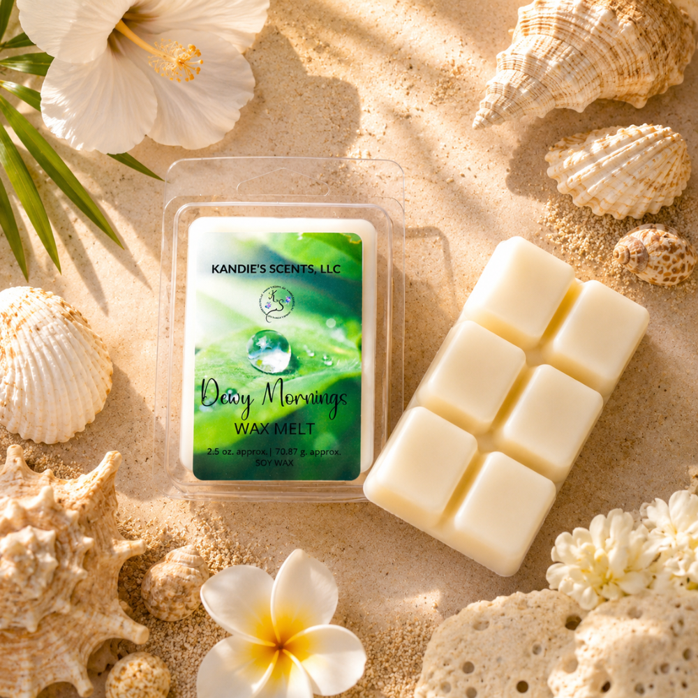 Kandie's Scents wax melt packaging on sand with shells and flowers
