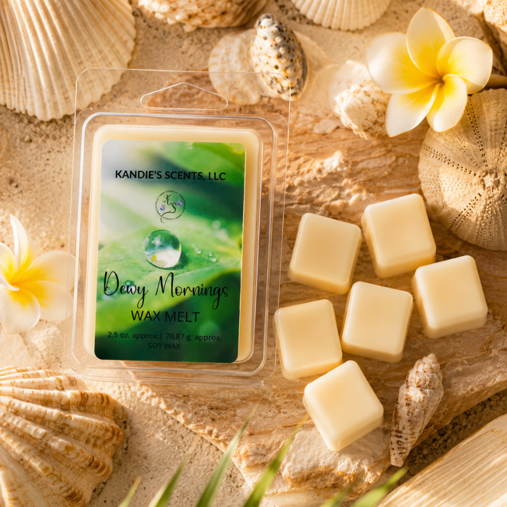 Kandie's Scents wax melt packaging with wax melts on a beach-themed background