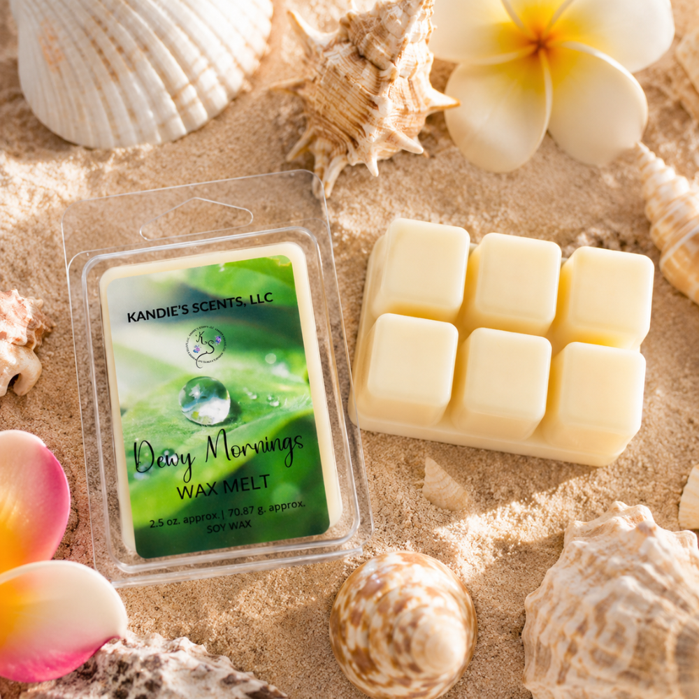 Kandie's Scents Dewy Mornings wax melt package on sand with shells and flowers